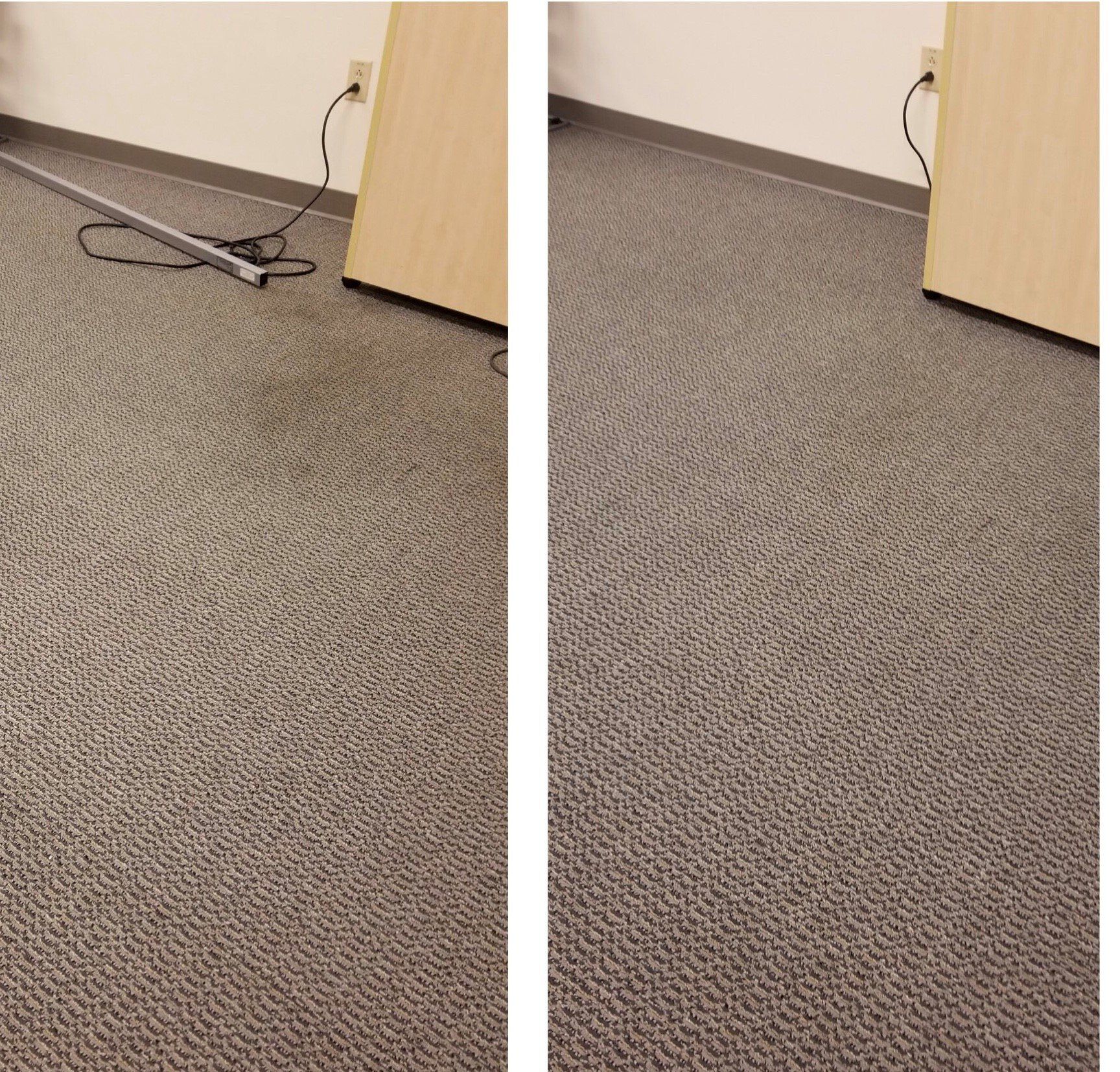 Carpet cleaning in Durham, NC, before-and-after carpet near wall showing small object removed on right.