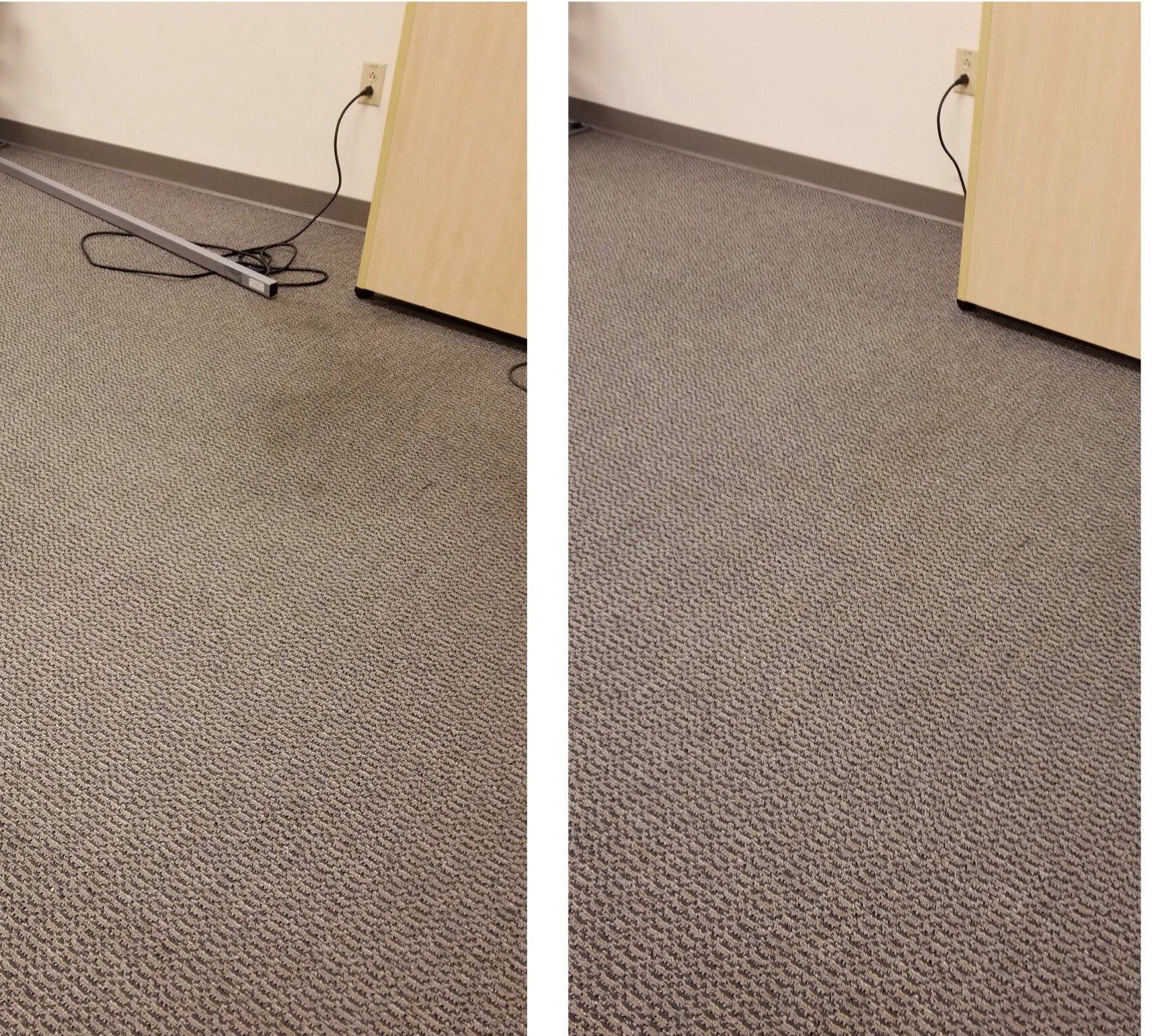 Before and after office carpet cleaning showing improved appearance and stain removal