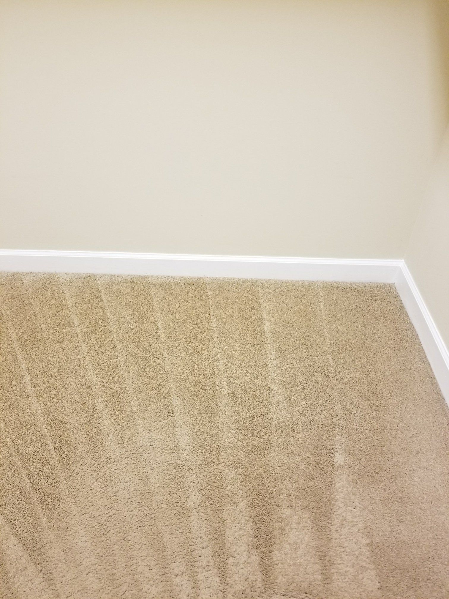 Carpet cleaning service in Chapel Hill, Beige carpet meeting a light tan wall with white baseboard in a corner of a room.