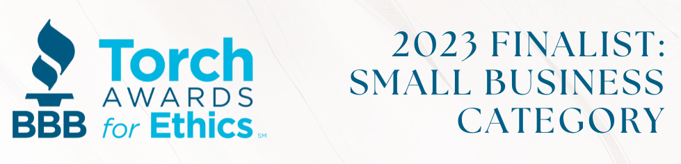 Torch Awards for Ethics logo and “2023 Finalist: Small Business Category” text in blue and gold