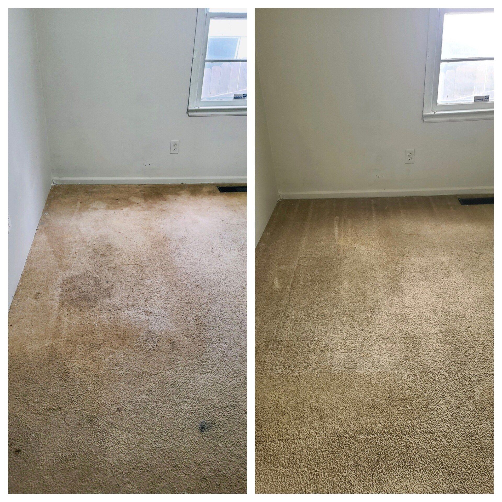 Carpet cleaning in Durham, NC, before-and-after of empty room with beige carpet and white walls, one side cleaner.