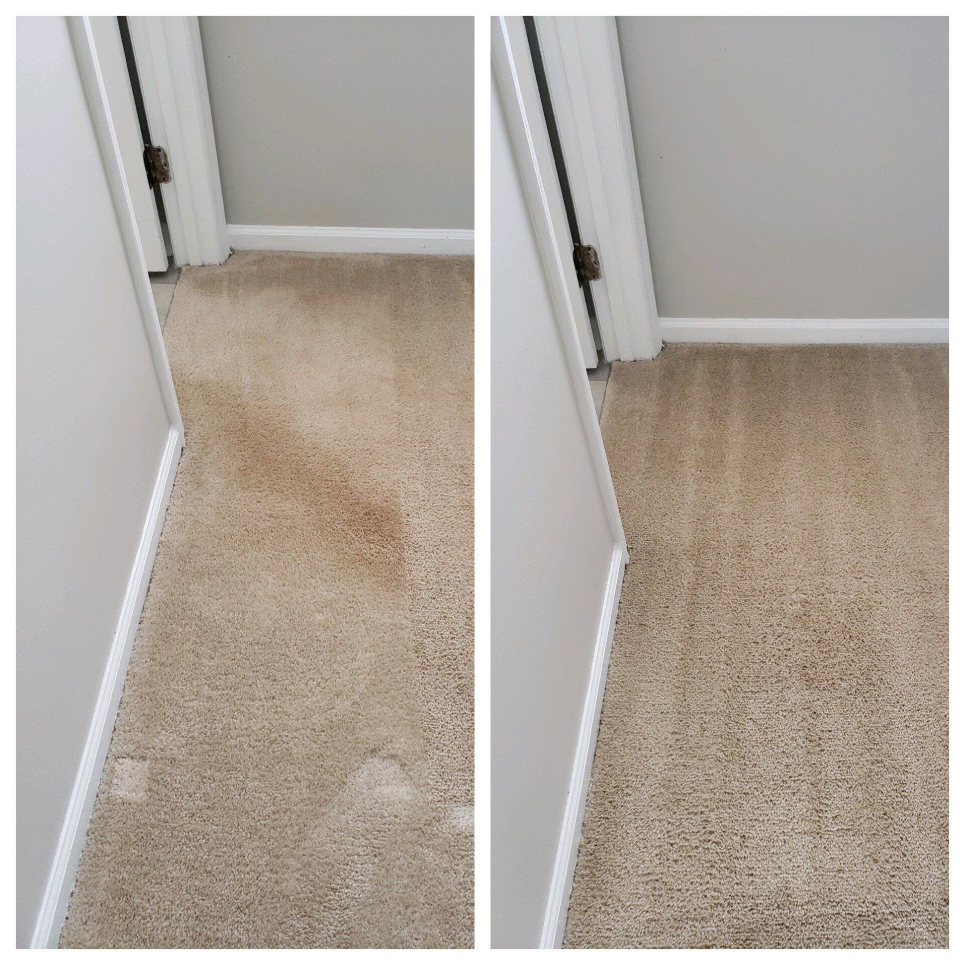Carpet cleaning in Durham, NC, before-and-after beige carpet hallway with stain removed for even color.