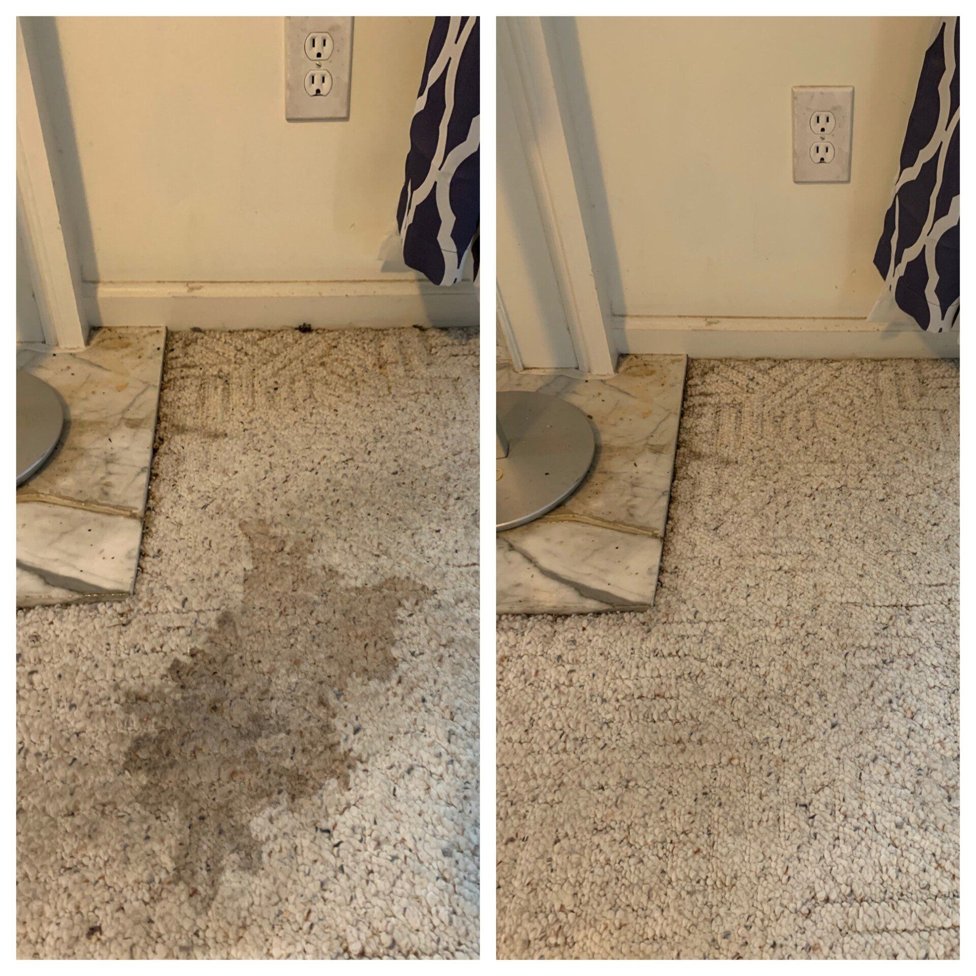 Carpet cleaning in Durham, NC, bathroom carpet before-and-after stain removal near wall and outlet.