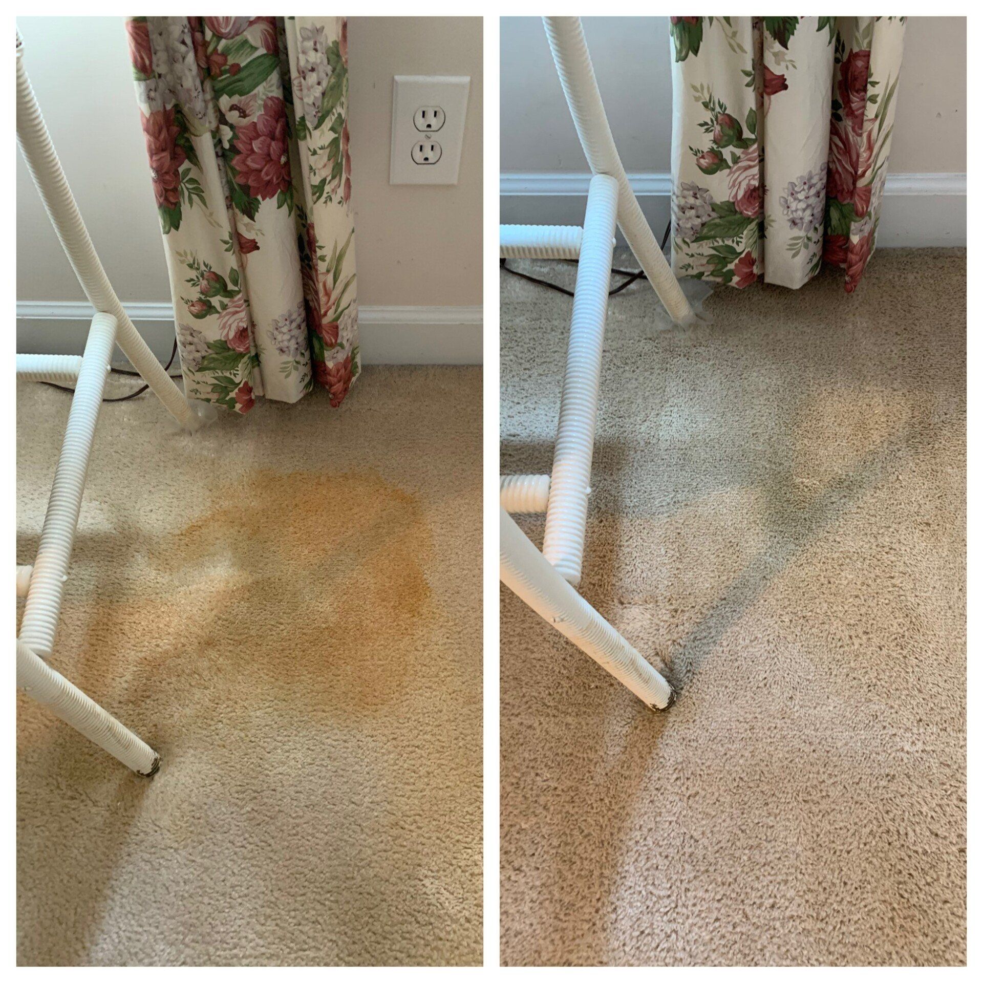 Carpet cleaning in Durham, NC, side-by-side carpet stain comparison near floral curtains and outlet, dirty left, clean right.