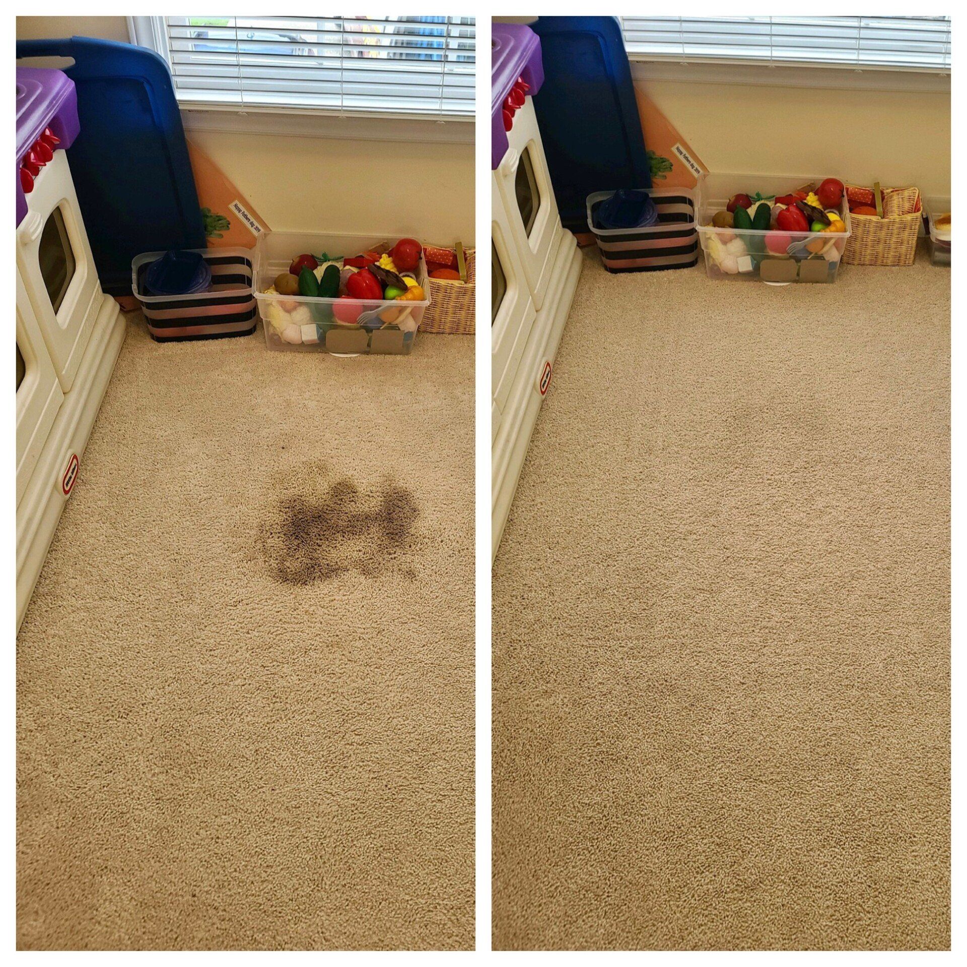 Carpet cleaning service in Durham, NC, before-and-after of a carpet stain in a room with toy bins by a window.