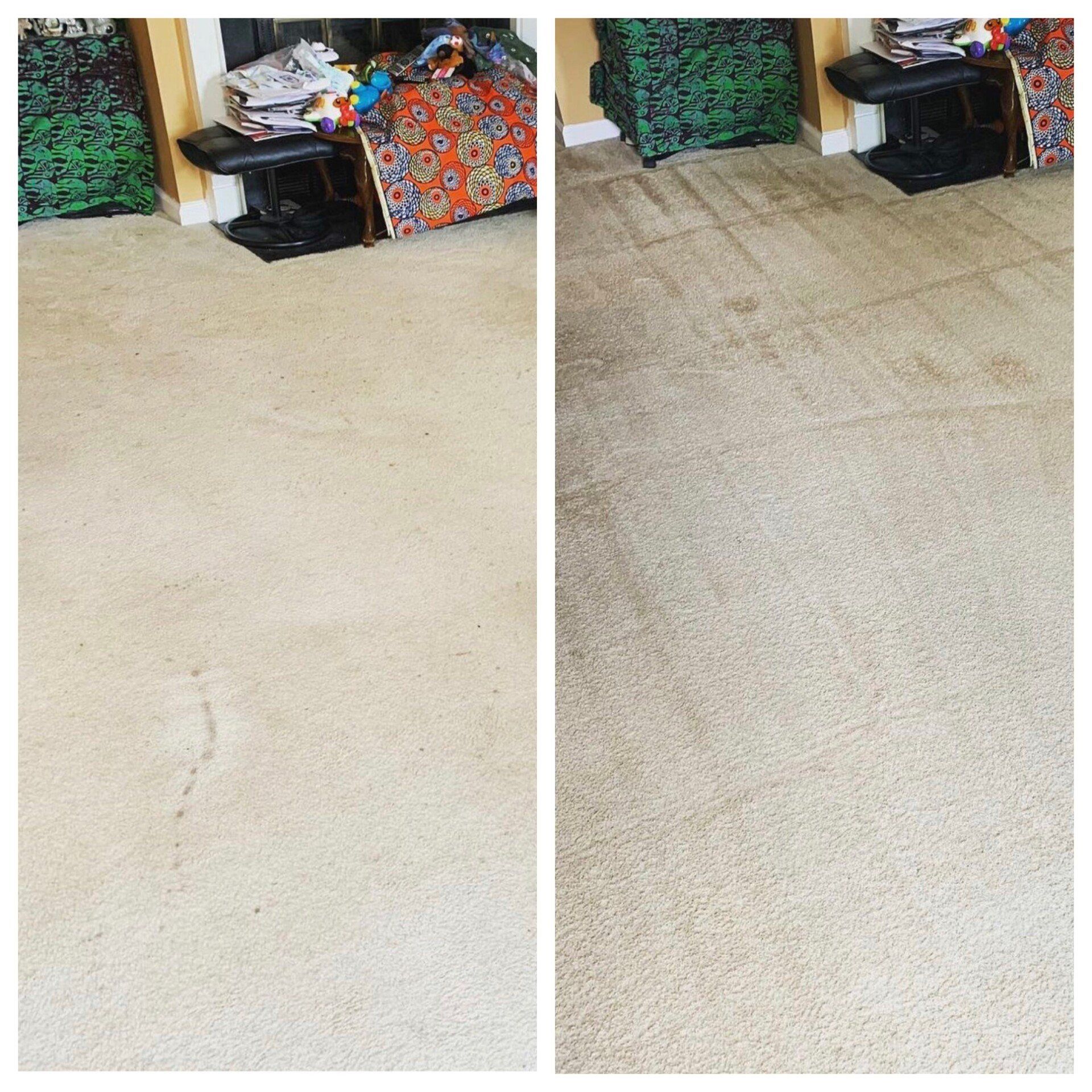 Carpet cleaning in Durham, NC, side-by-side beige carpet before and after cleaning, with darker stains removed on the right.