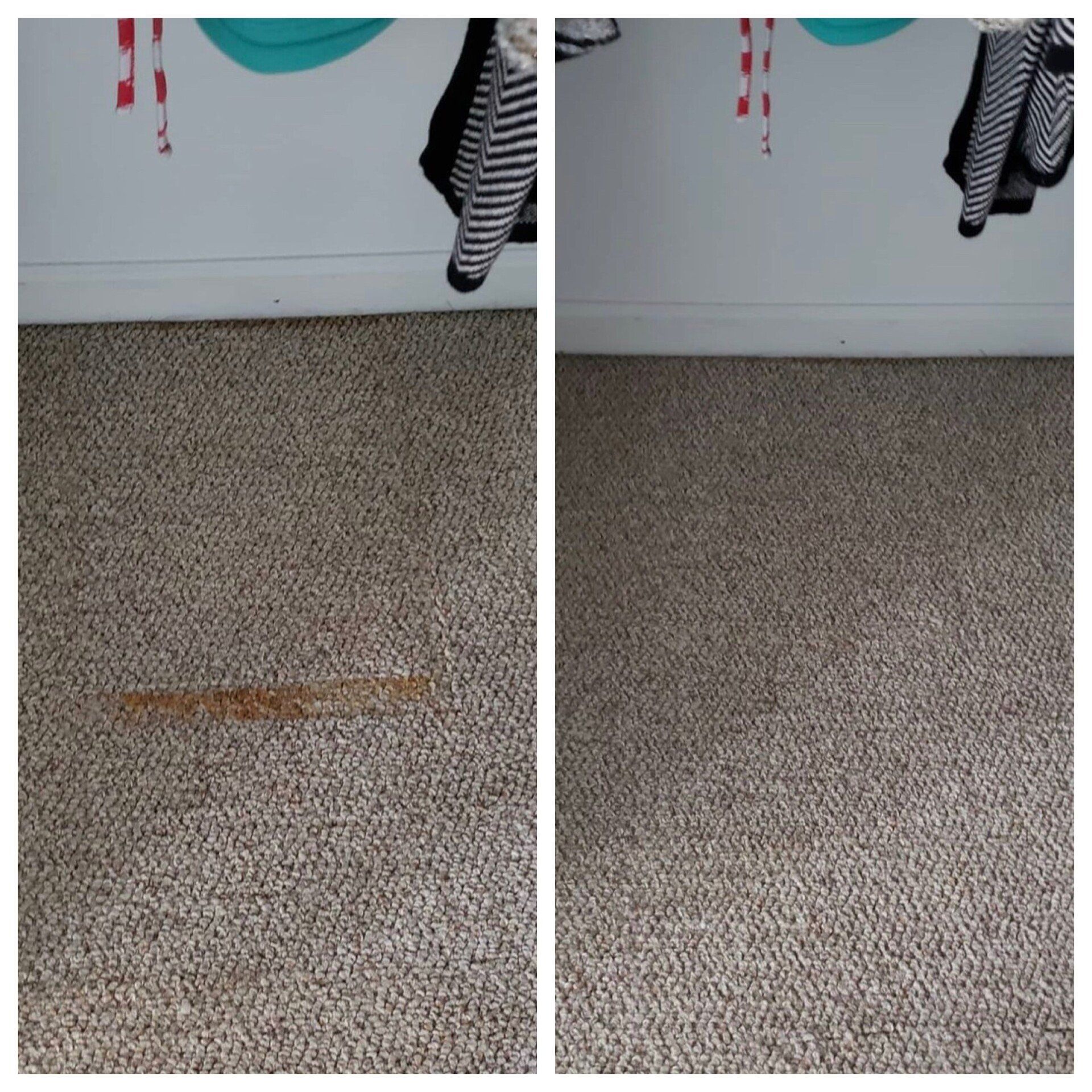Carpet cleaning in Durham, NC, before-and-after stain removal on beige carpet, showing cleaned result on right.