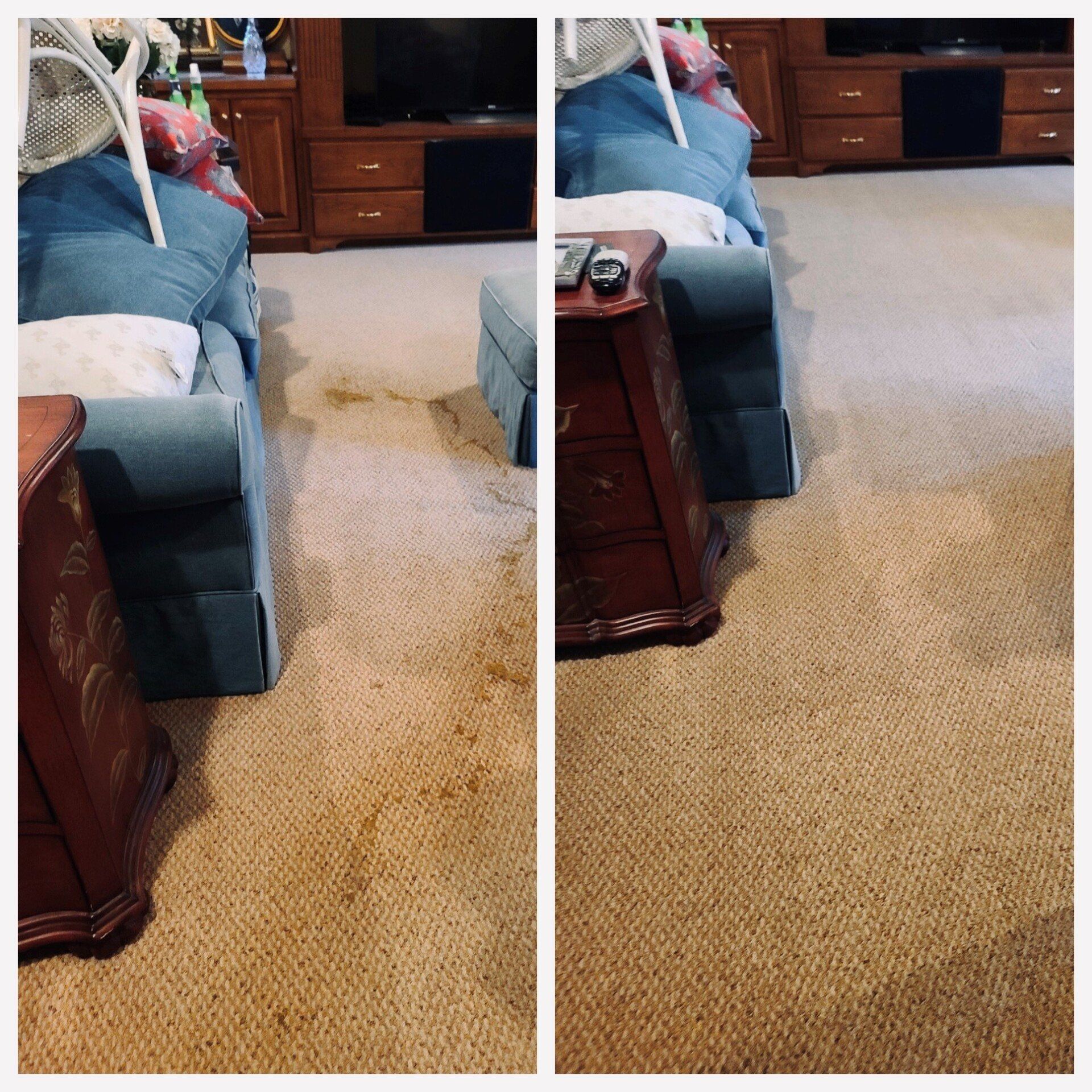 Carpet cleaning in Durham, NC, before-and-after of living room carpet with yellow stain near blue sofa and cabinet.