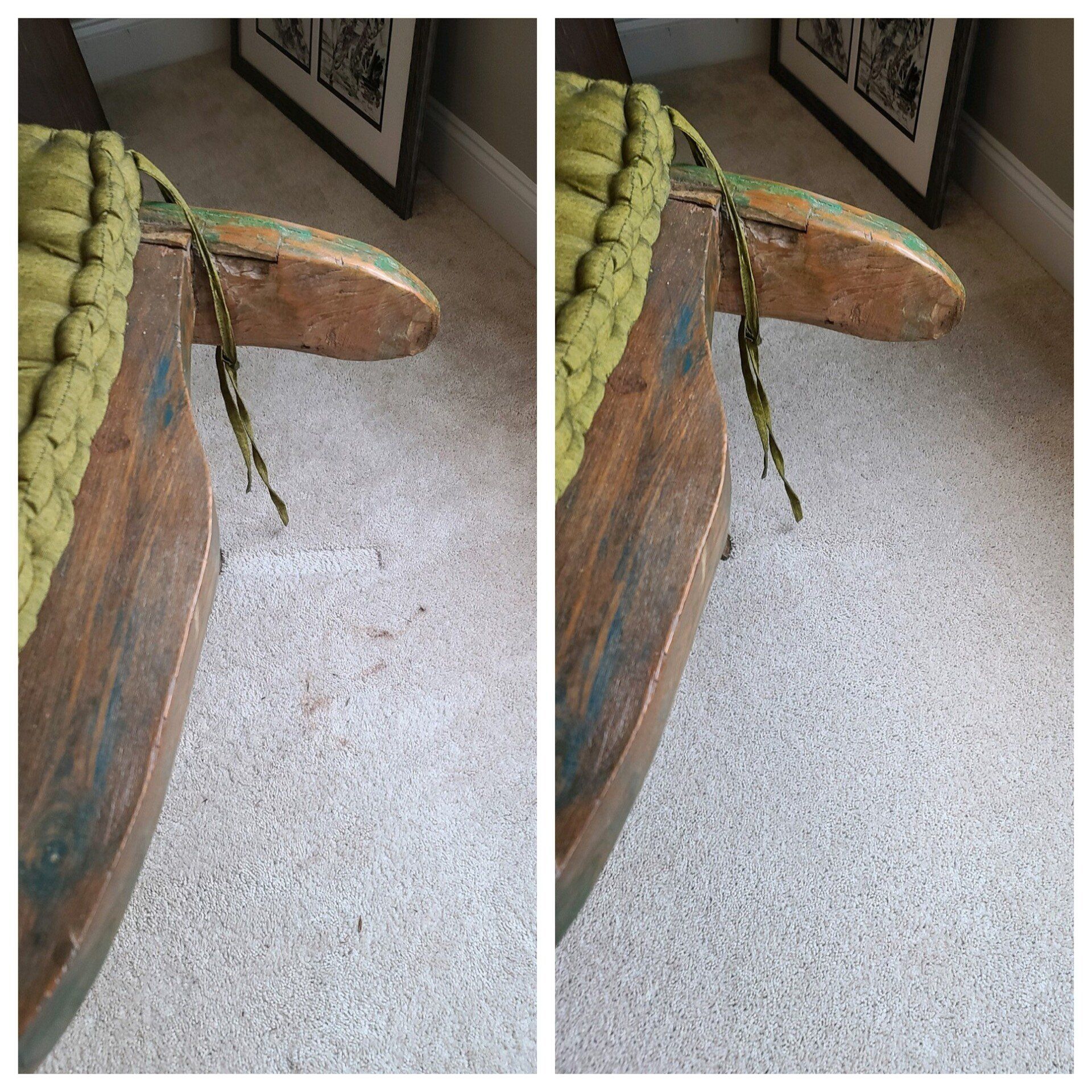 Carpet cleaning in Durham, NC, close-up of worn chair arm with green knit fabric on carpeted floor.