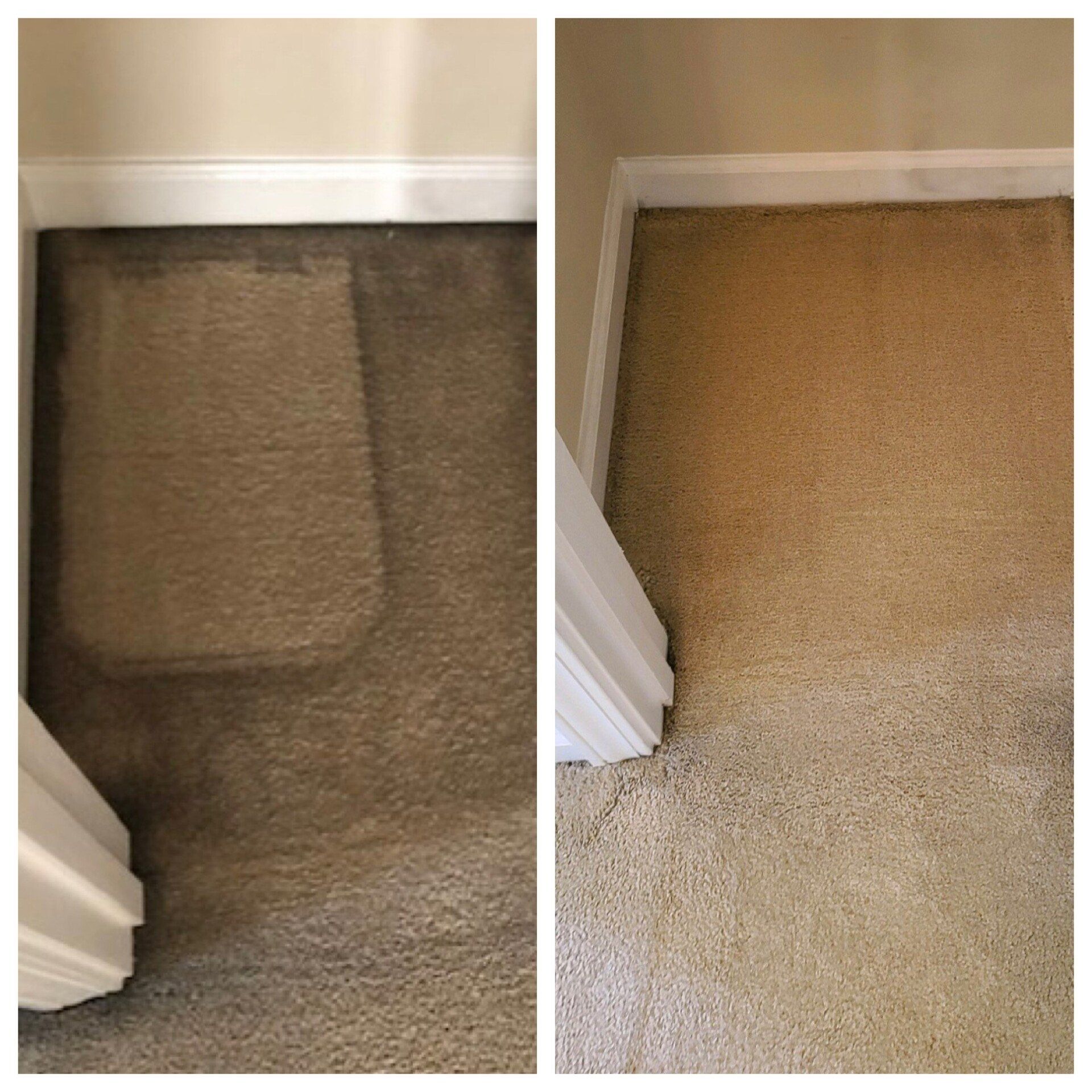 Carpet cleaning in Durham, NC, side-by-side hallway carpet showing dark stain before and after removal.