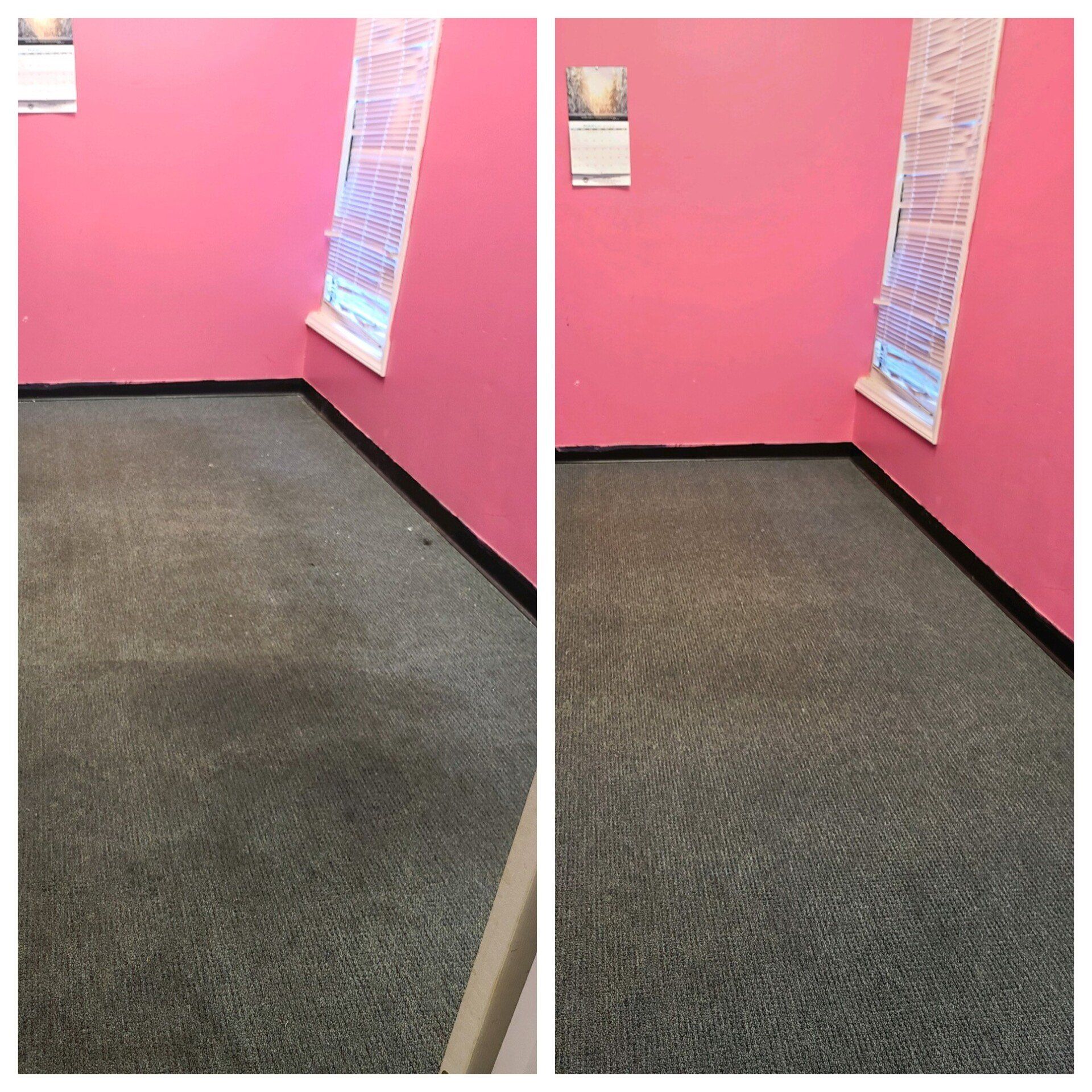 Carpet cleaning service in Durham, NC, empty room with pink walls, gray carpet, and a window with blinds.