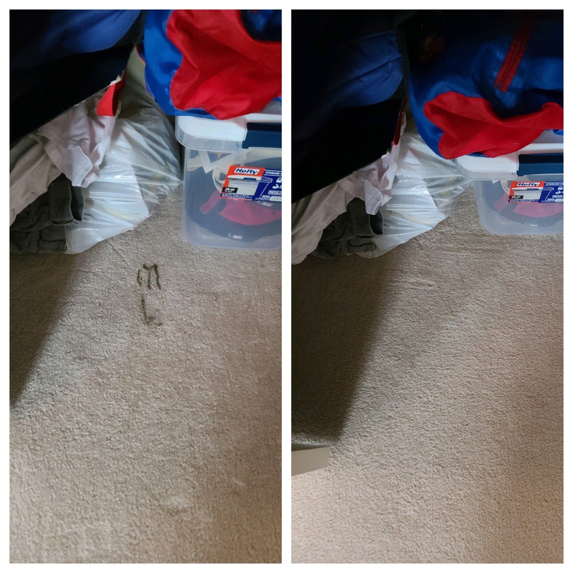 Carpet cleaning in Durham, NC, side-by-side beige carpet with storage bins and clothing along top edge.