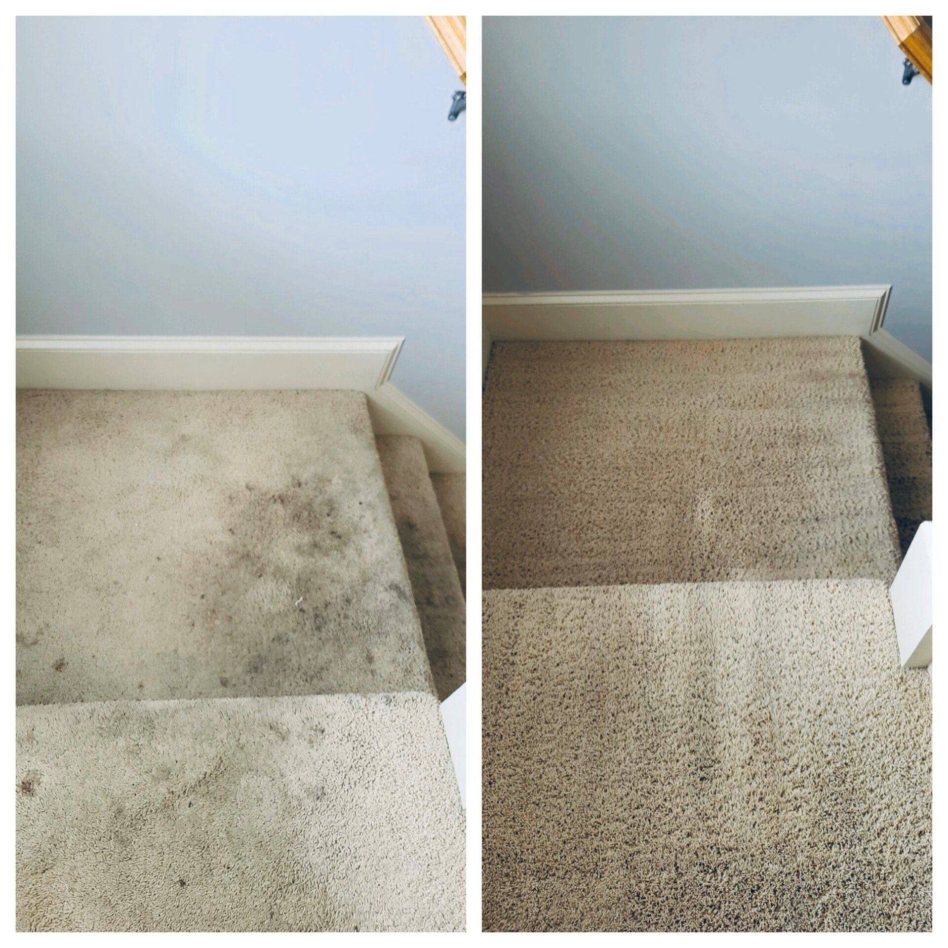 Carpet cleaning in Durham, NC, before-and-after carpeted stair landing showing dirty left side and cleaned right side.