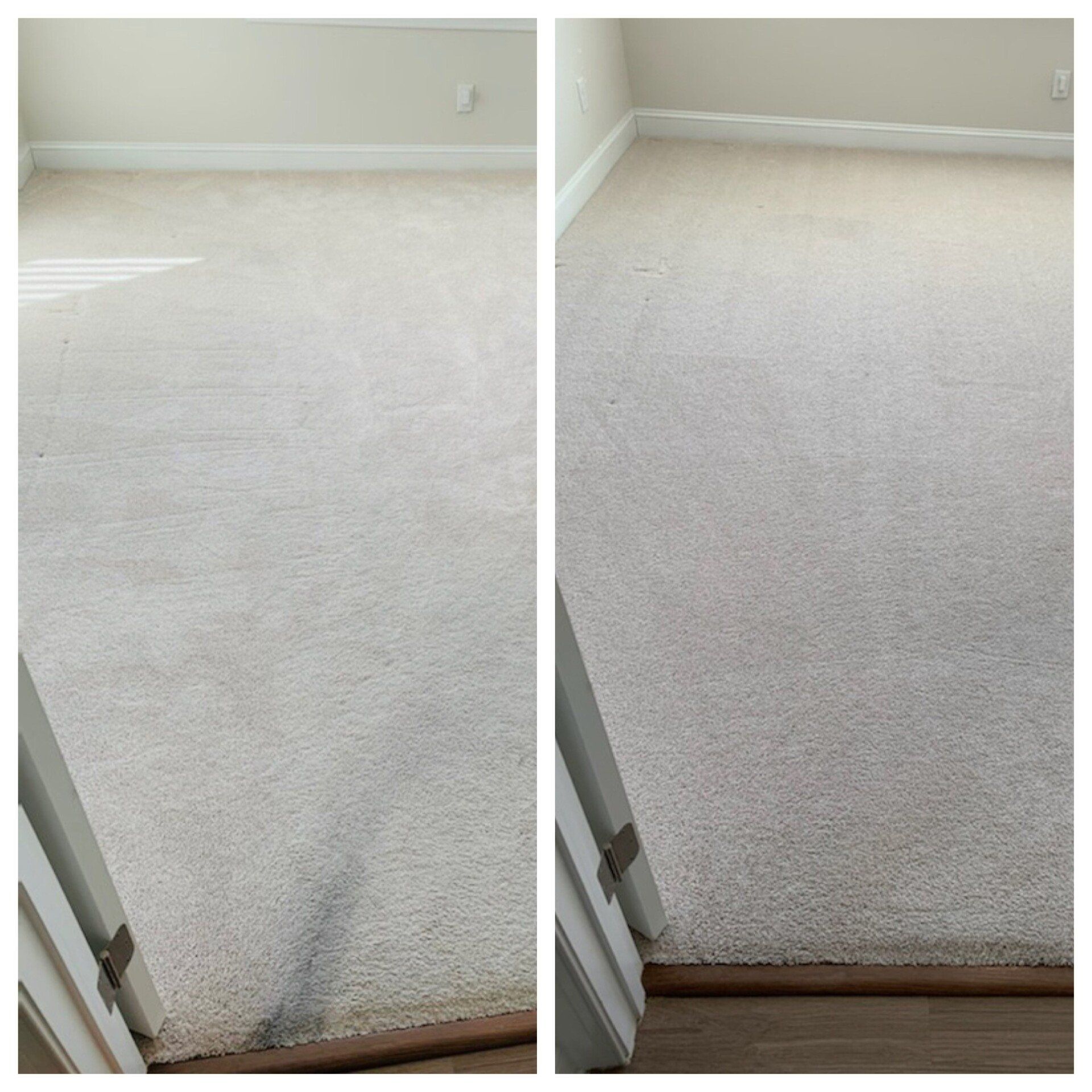 Carpet cleaning in Durham, NC, side-by-side empty room with beige carpet and white baseboards from doorway view.