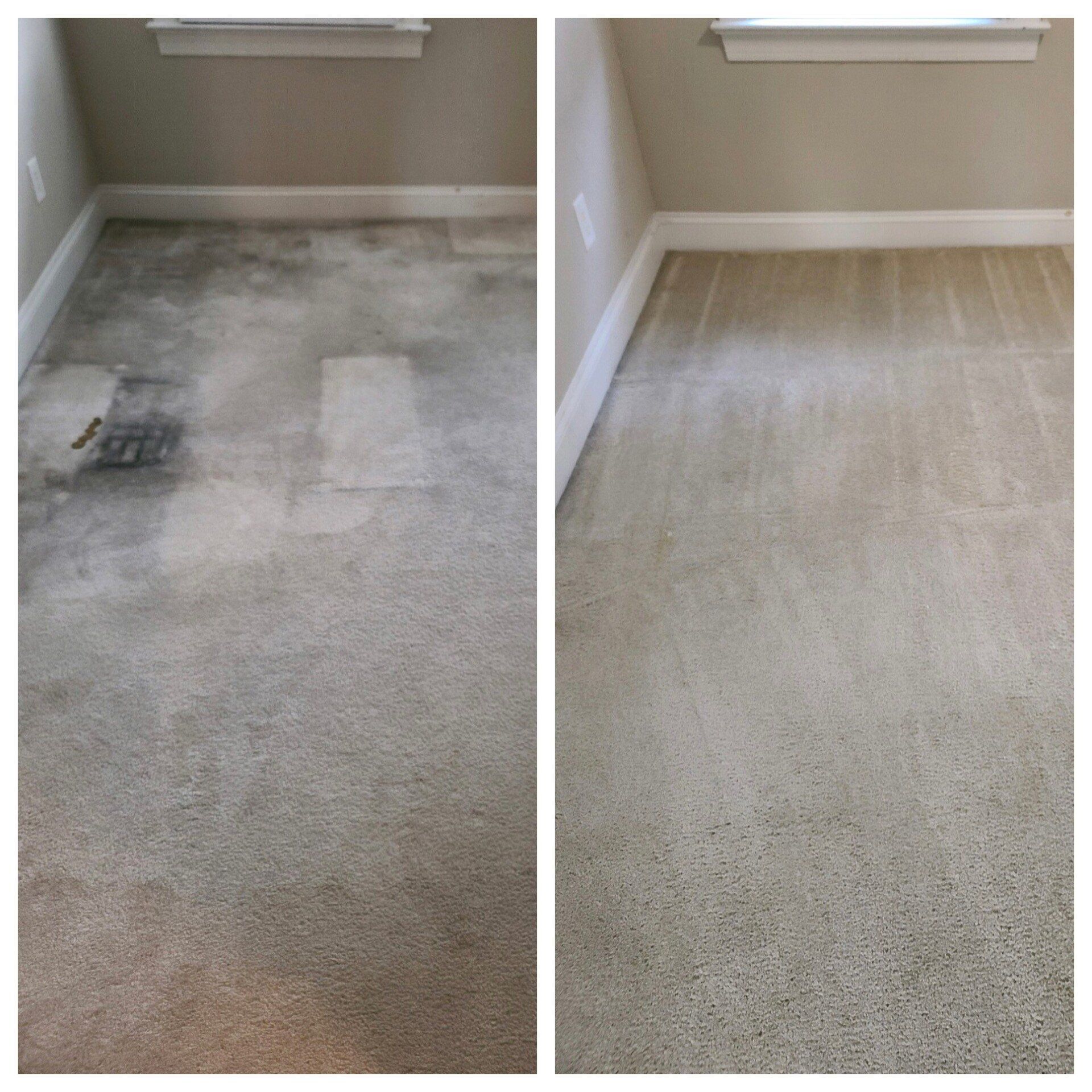 Carpet cleaning in Durham, NC, before-and-after carpeted room showing stained left side and clean right side.