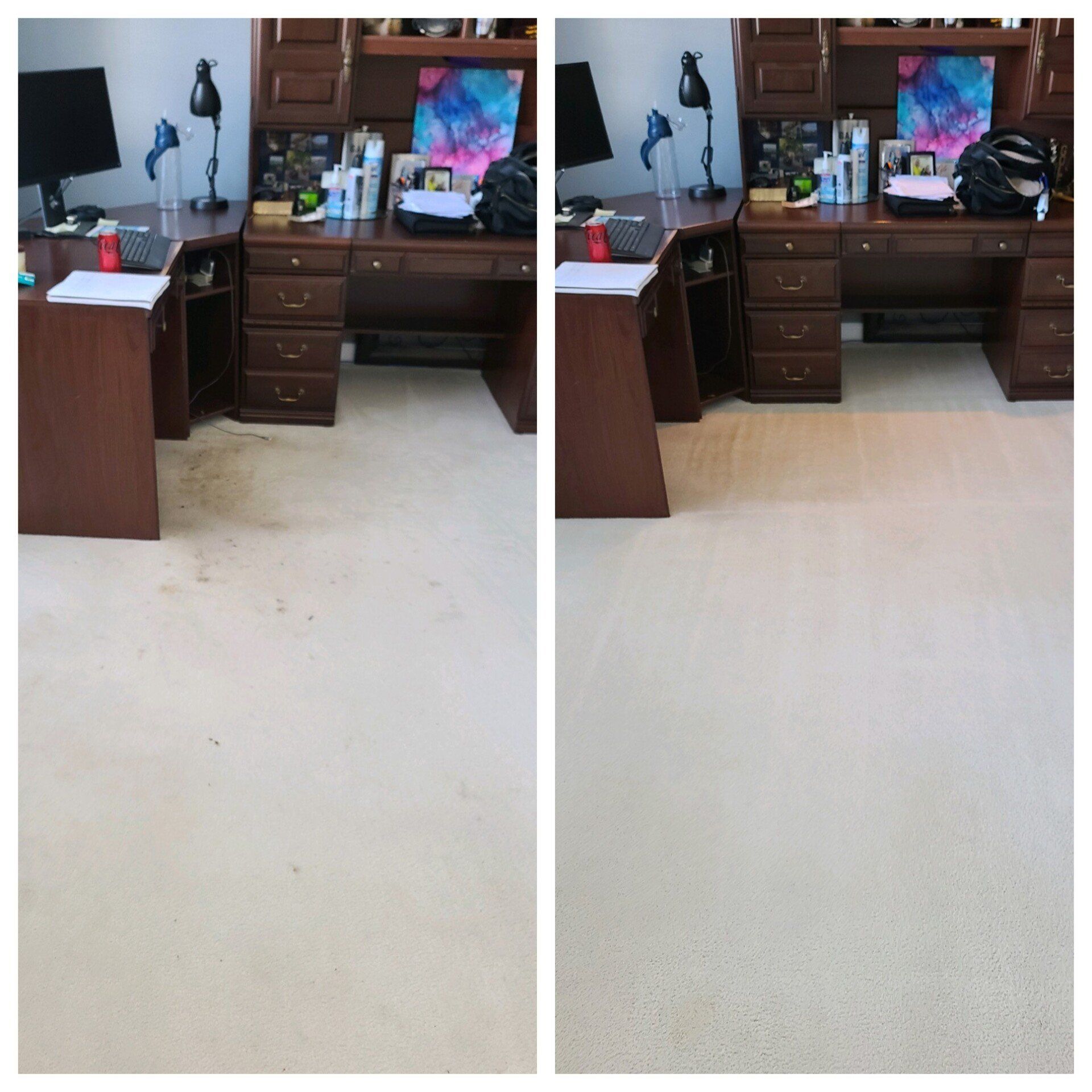 Carpet cleaning in Durham, NC, split view of home office with desk, lamp, monitor, and carpet before-and-after cleaning.