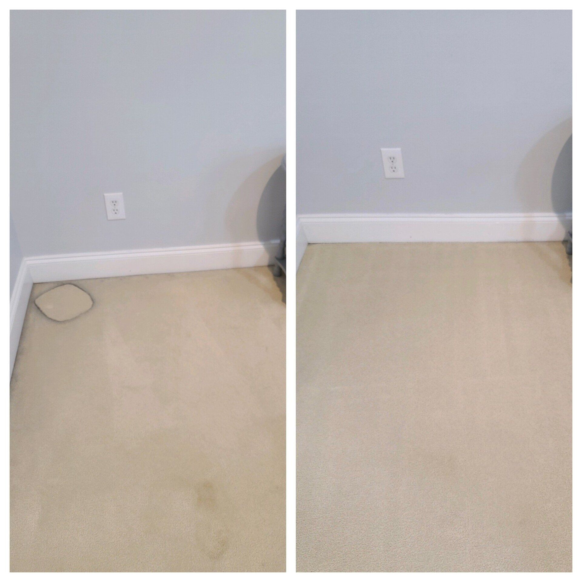 Carpet cleaning in Durham, NC, side-by-side corner view with beige carpet cleaned near baseboard and outlet.