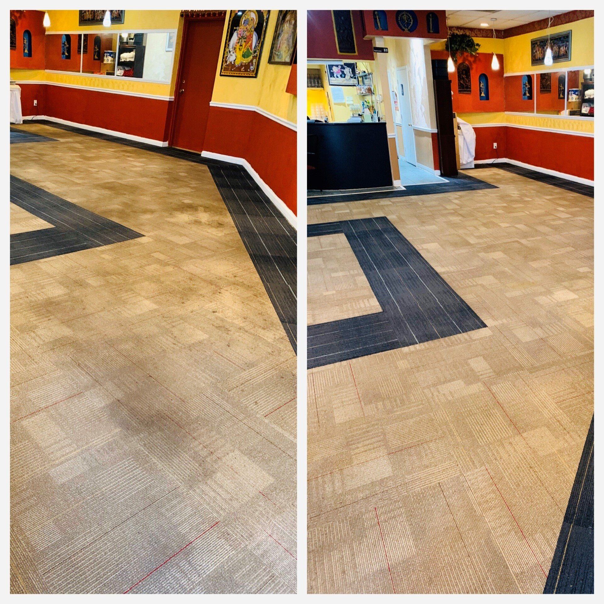 Carpet cleaning service in Durham, NC, hallway with tan tile floor, red and yellow walls, and black matting near an entryway.