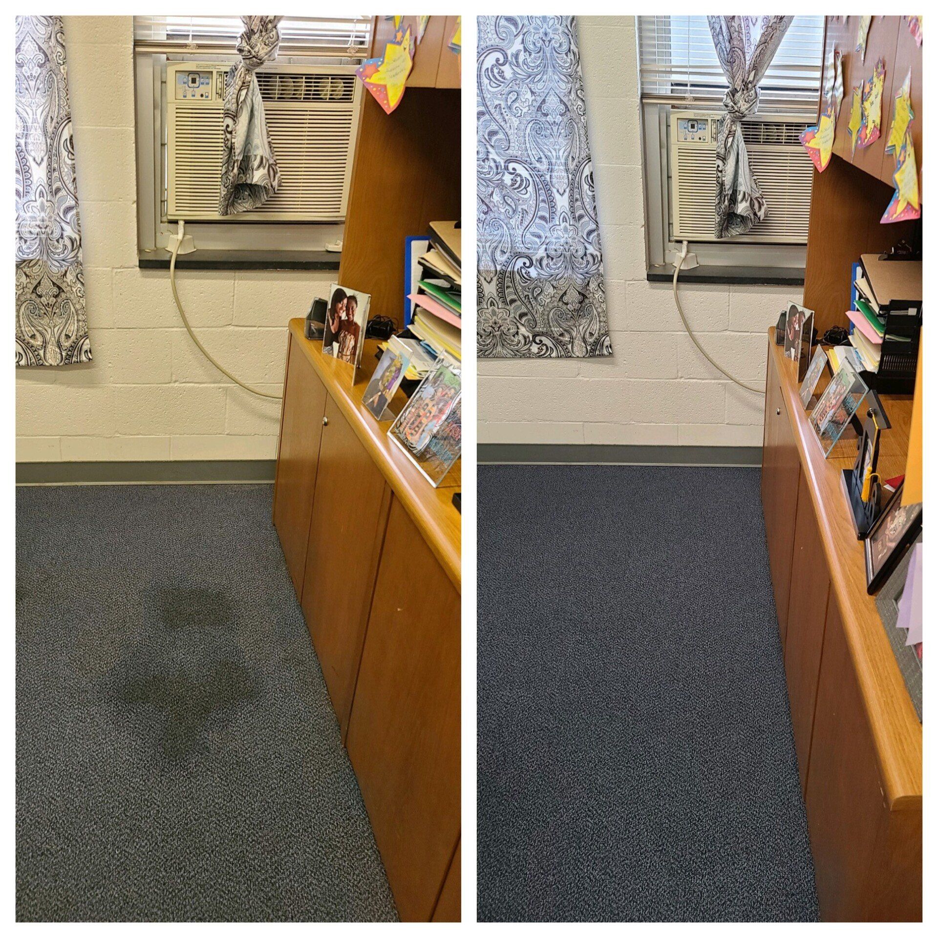Carpet cleaning in Durham, NC, office corner with wooden desk, carpeted floor, and window with blinds and curtains.