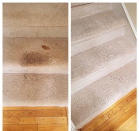 Stained beige carpeted stairs beside a hardwood floor, shown before and after cleaning in Durham, NC.