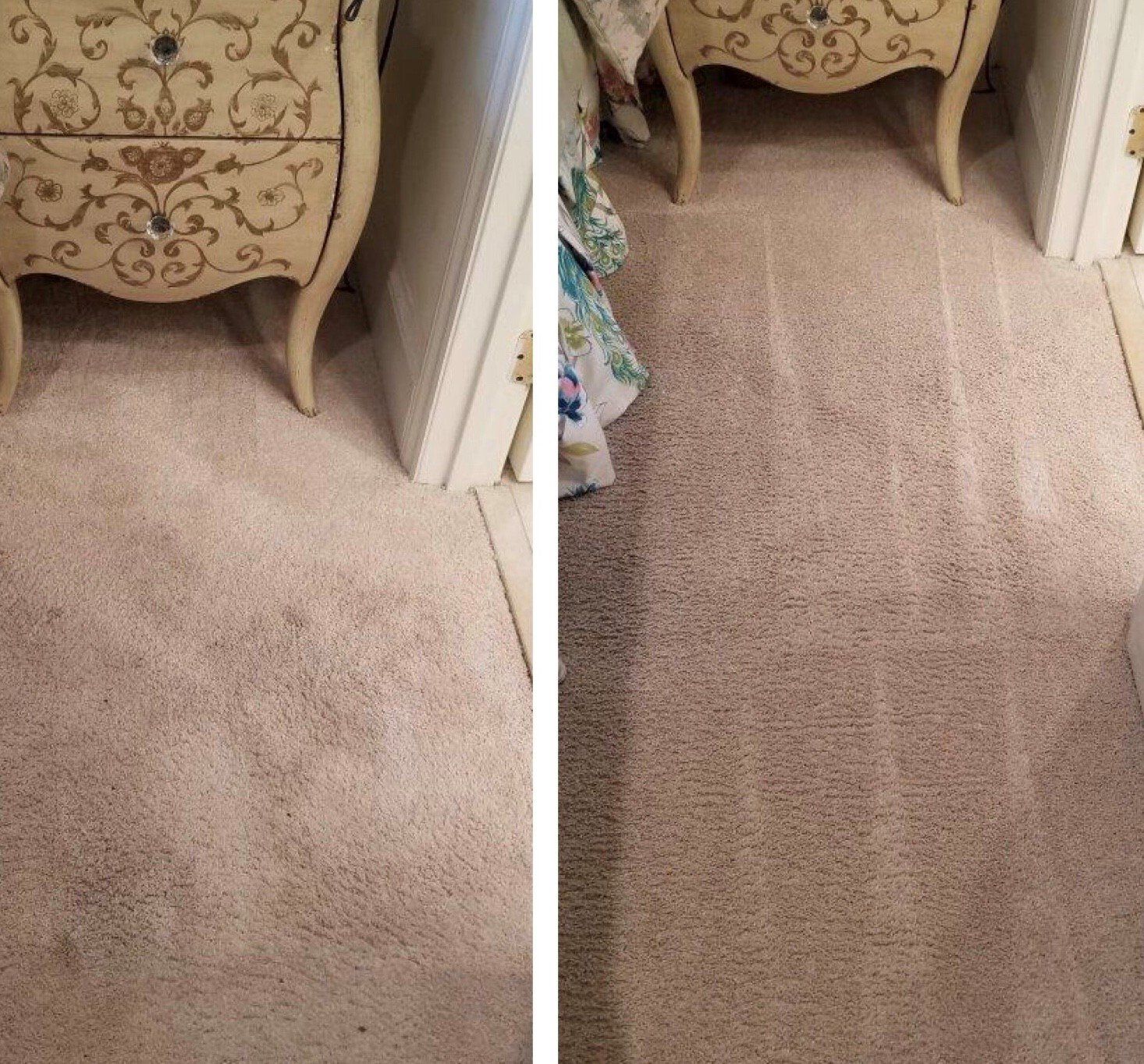 Carpet cleaning in Durham, NC, split view of a beige carpet before and after cleaning, showing a darker stain removed.
