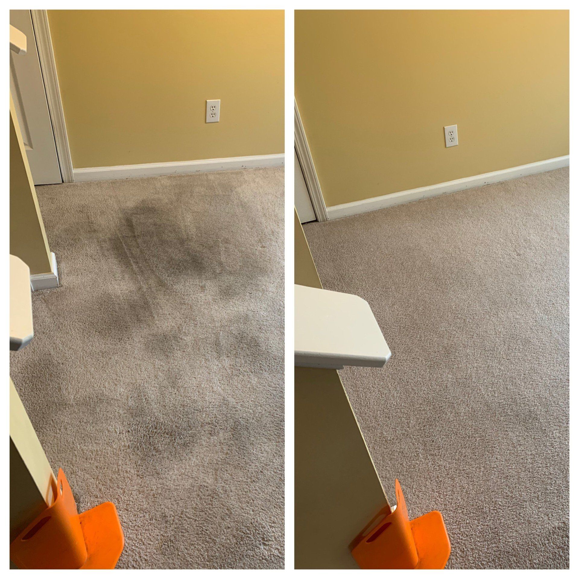 Carpet cleaning in Durham, NC, side-by-side carpet comparison showing stained left and clean beige carpet on right.