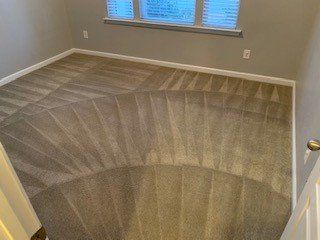 Carpet cleaning in Durham, NC, carpeted stairwell and landing with beige walls and daylight from window.