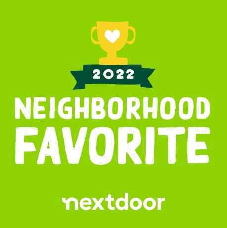 2022 Nextdoor Neighborhood Favorite award badge on a bright green background with a gold trophy
