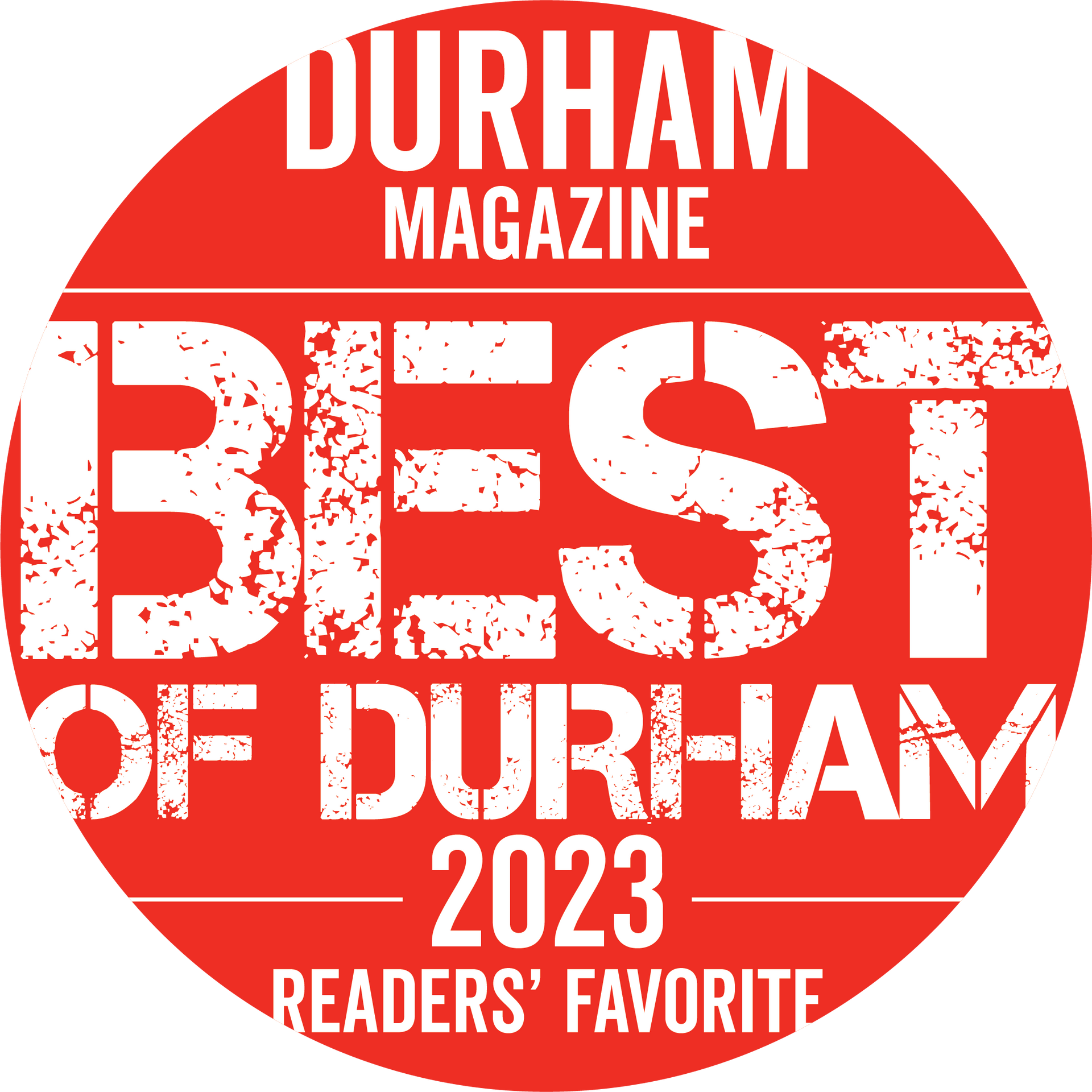 Red Durham Magazine award badge reading “Best of Durham 2023 Readers’ Favorite” in red and white