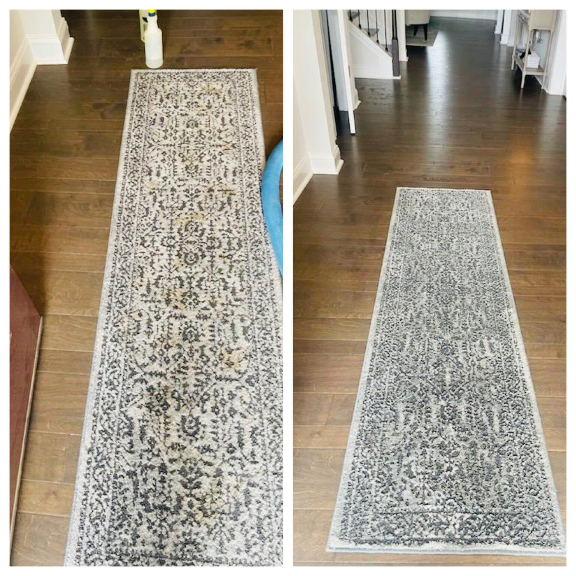 Rug and upholstery cleaning in Durham, NC, patterned hallway runner rug shown from two angles.