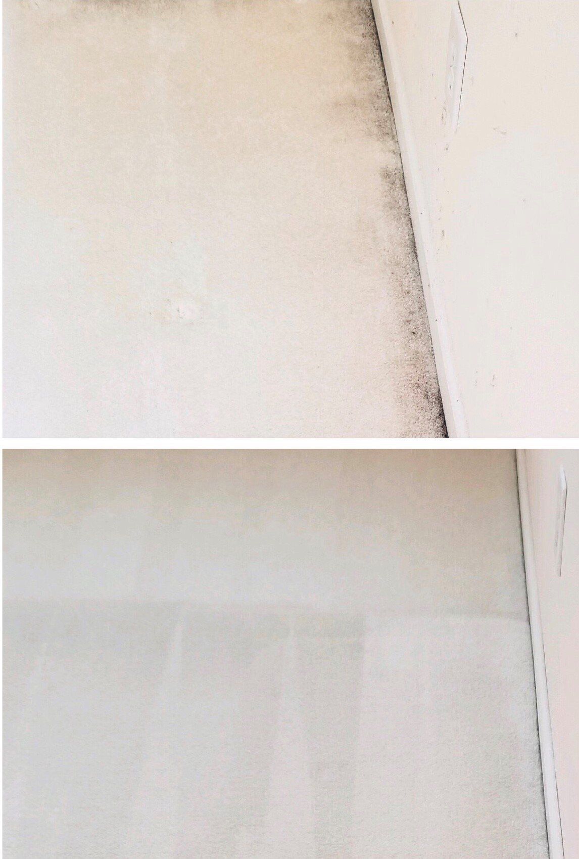 Carpet cleaning in Durham, NC, two side-by-side close-ups of a white wall corner with visible stains and patchy paint repairs