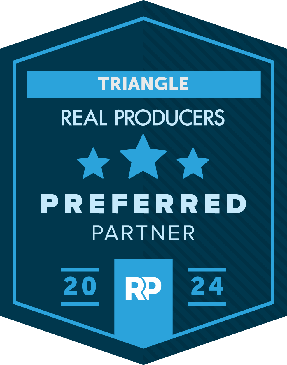 Triangle Real Producers Preferred Partner badge with blue stars and 2024 RP emblem