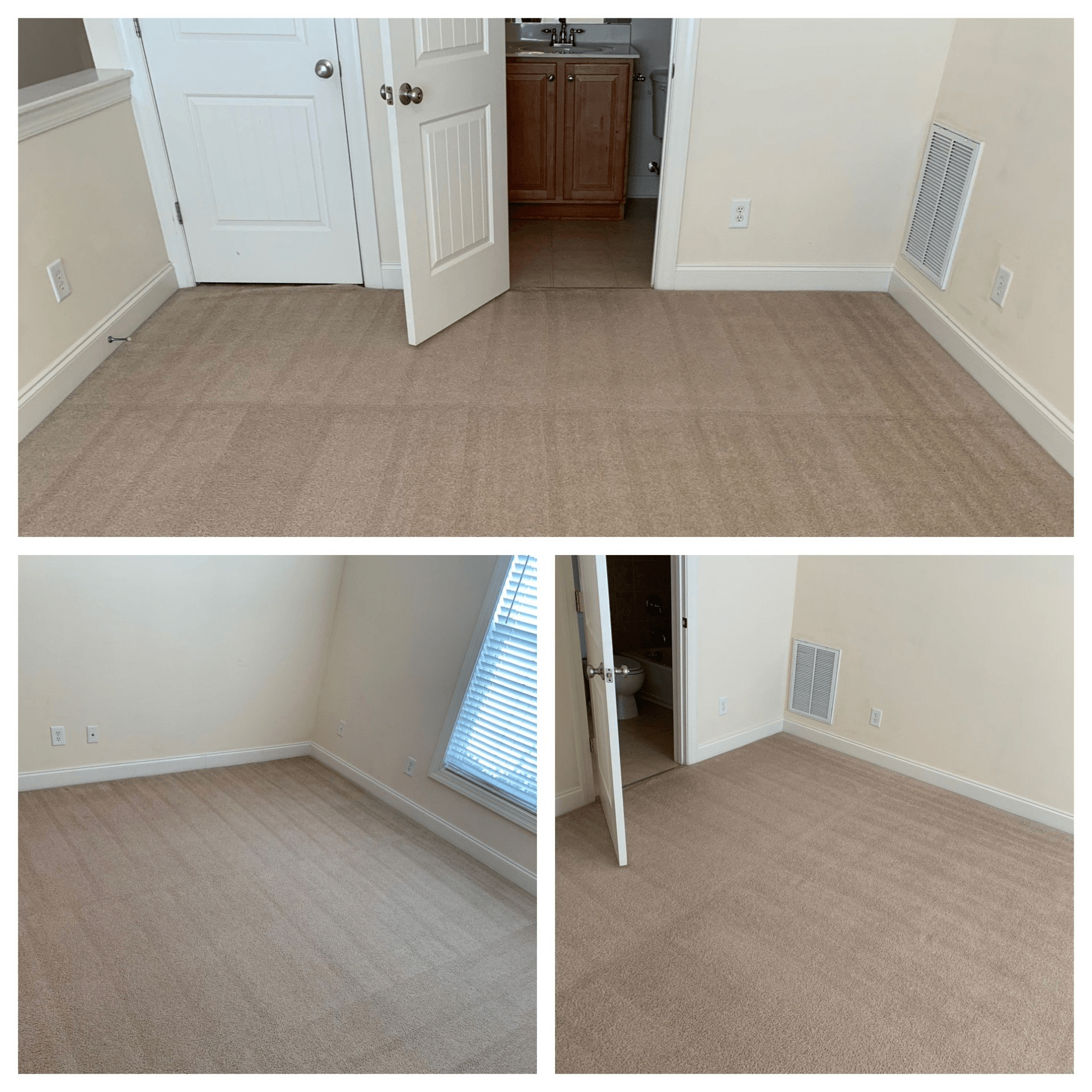 Carpet cleaning service in Durham, NC, empty beige carpeted room with open white doors and a window with blinds.