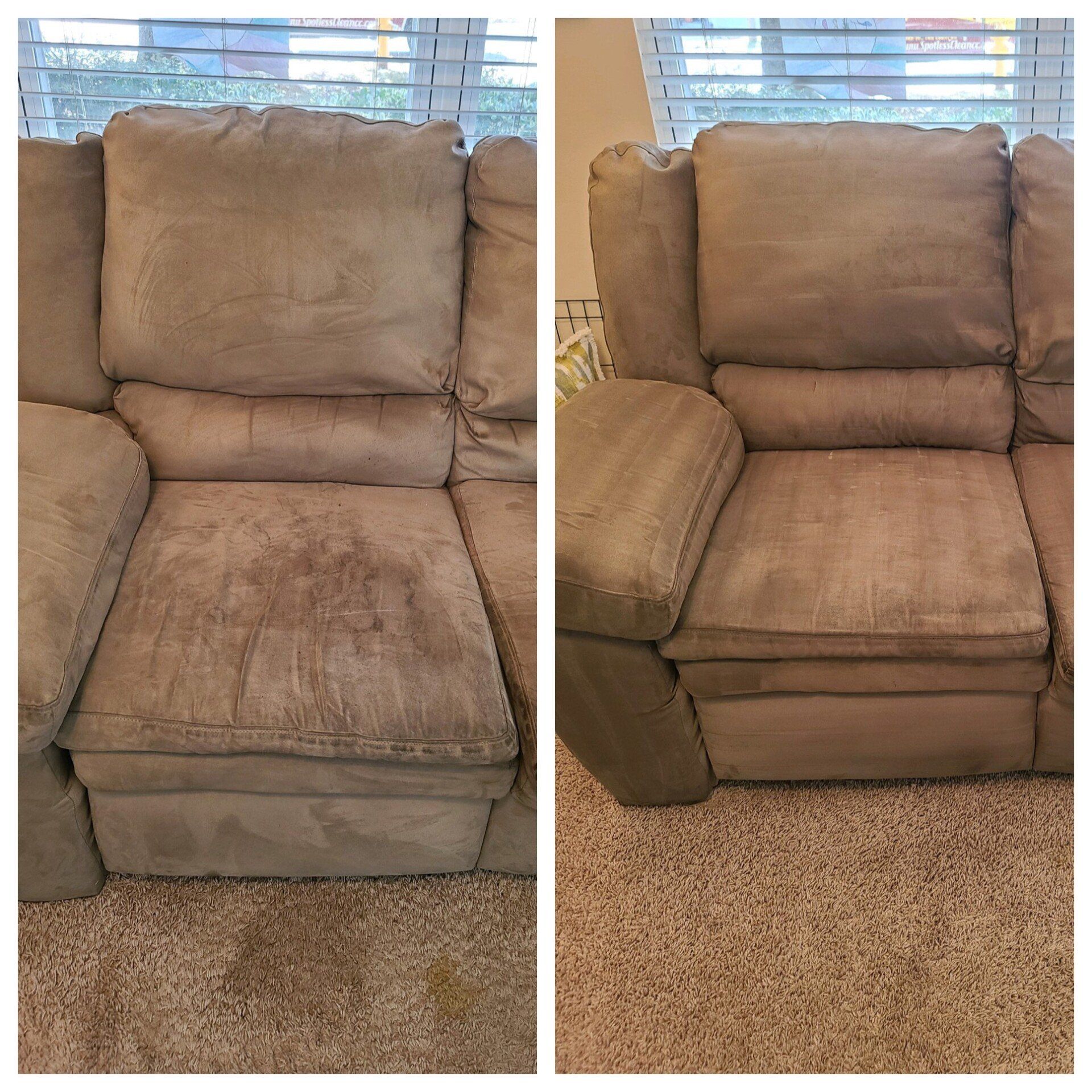Rug and upholstery cleaning in Durham, NC, side-by-side beige armchair with blinds and carpet below.