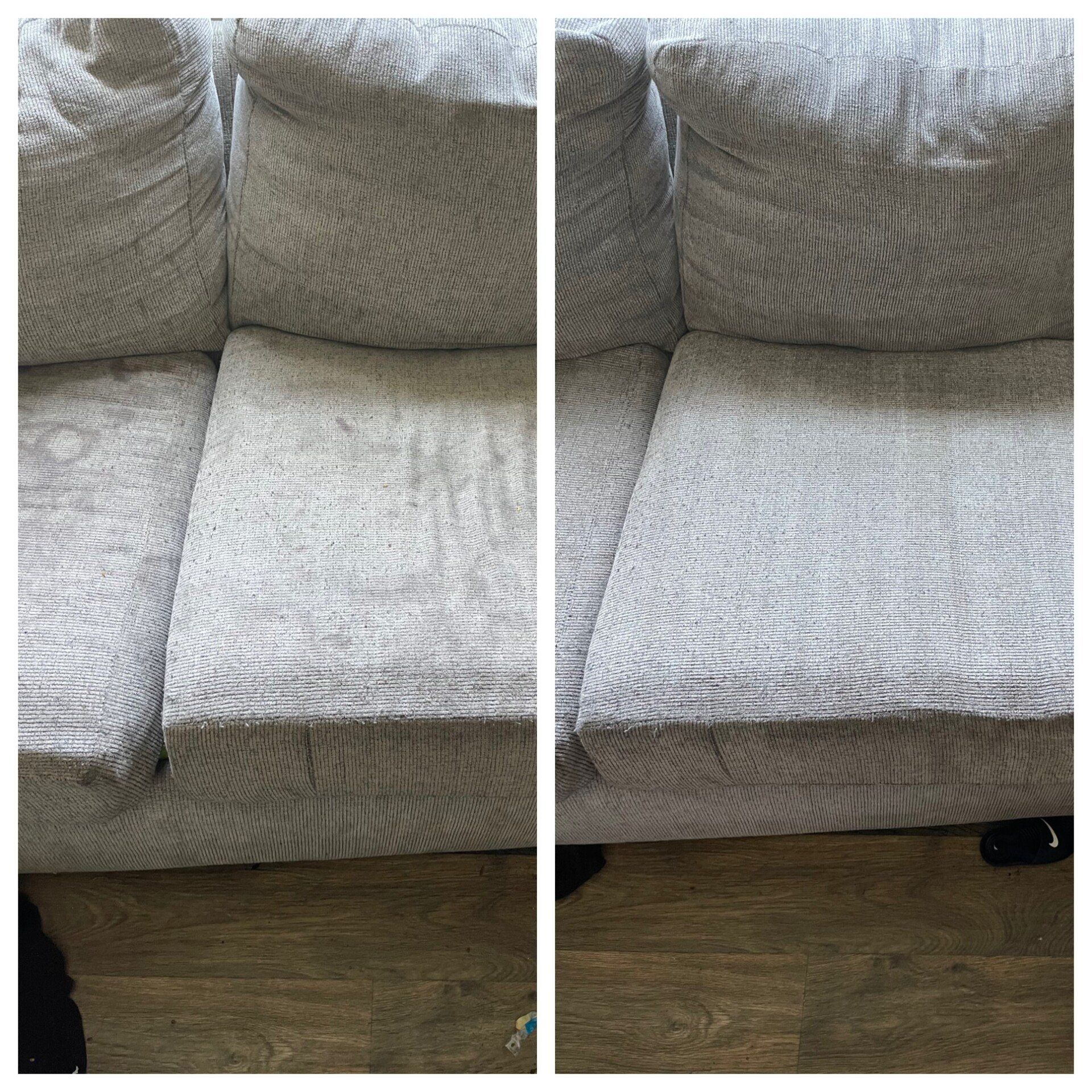 Rug and upholstery cleaning in Durham, NC, side-by-side beige couch cushion before and after stain removal.