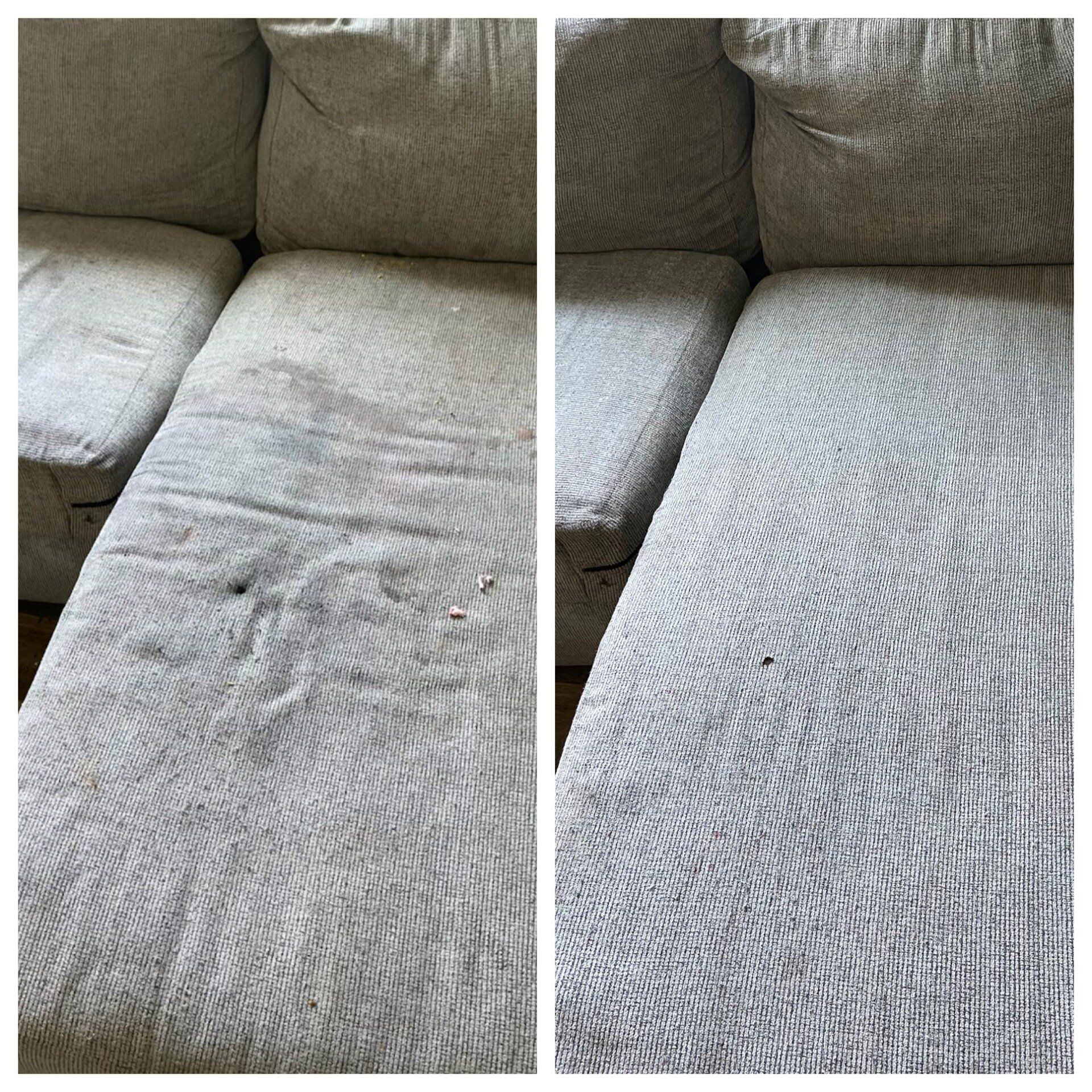 Rug & Upholstery cleaning in Durham, NC, before-and-after of a gray couch cushion: wrinkled on left, smoothed on right