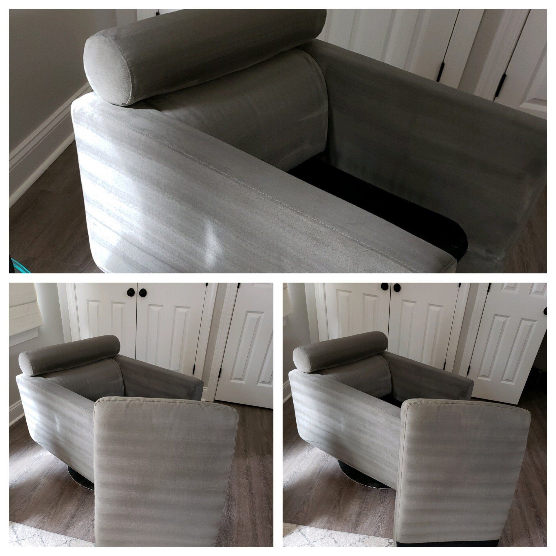 Rug and upholstery cleaning in Durham, NC, gray armchair with headrest shown from multiple angles in bright room.