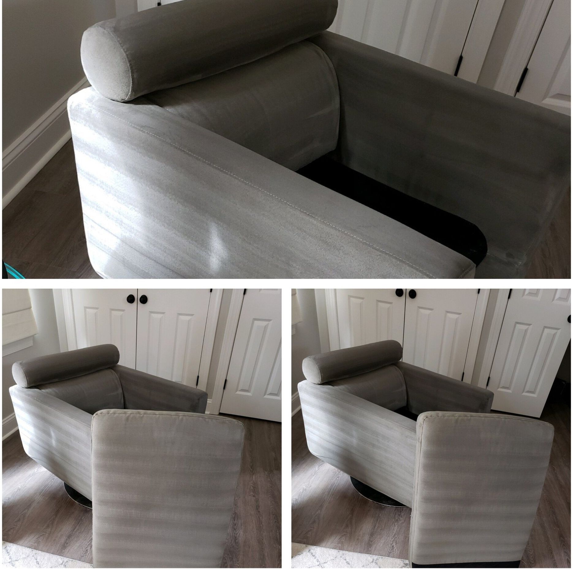 Carpet cleaning in Durham, NC, gray upholstered armchair with removable cushion shown from multiple angles in room.
