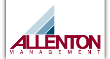 Allenton Management logo with maroon text and blue diagonal stripes