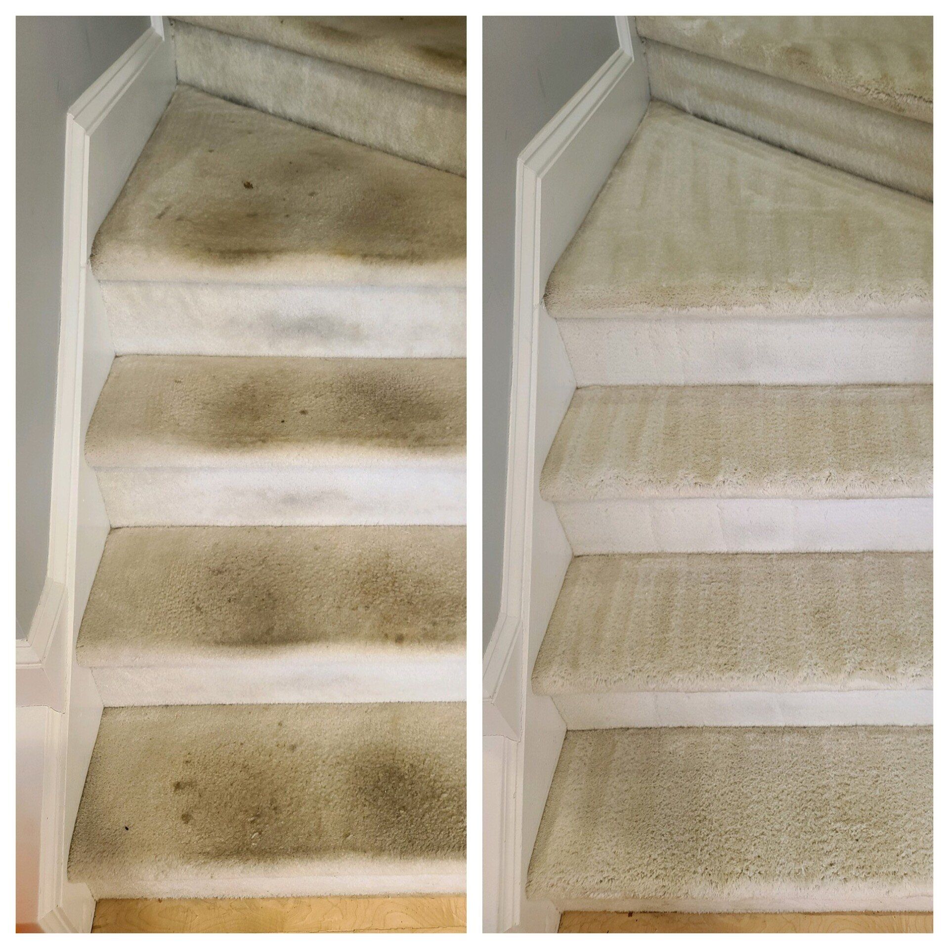 Carpet cleaning in Durham, NC, before-and-after beige carpeted stairs showing stain removal and cleaner right side.