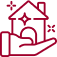 Maroon line icon of a house with a star, three people, and a speech bubble