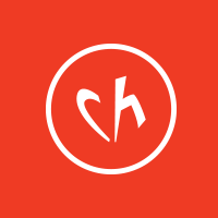 White stylized “vh” logo inside a white circle on a red background
