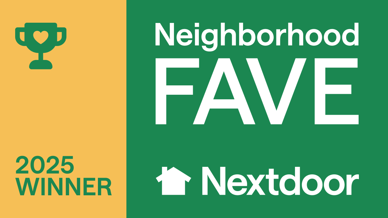 2025 Neighborhood FAVE winner badge with green trophy on gold and Nextdoor logo on green