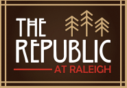 The Republic at Raleigh logo in white and red on a brown background with stylized pine trees.