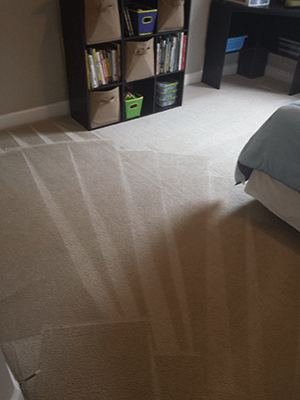 Carpet cleaning service in Durham, NC, carpeted bedroom with a bookcase, desk, and bed at the edge of the frame.
