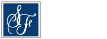 Blue square logo with white cursive letters and a small gray border