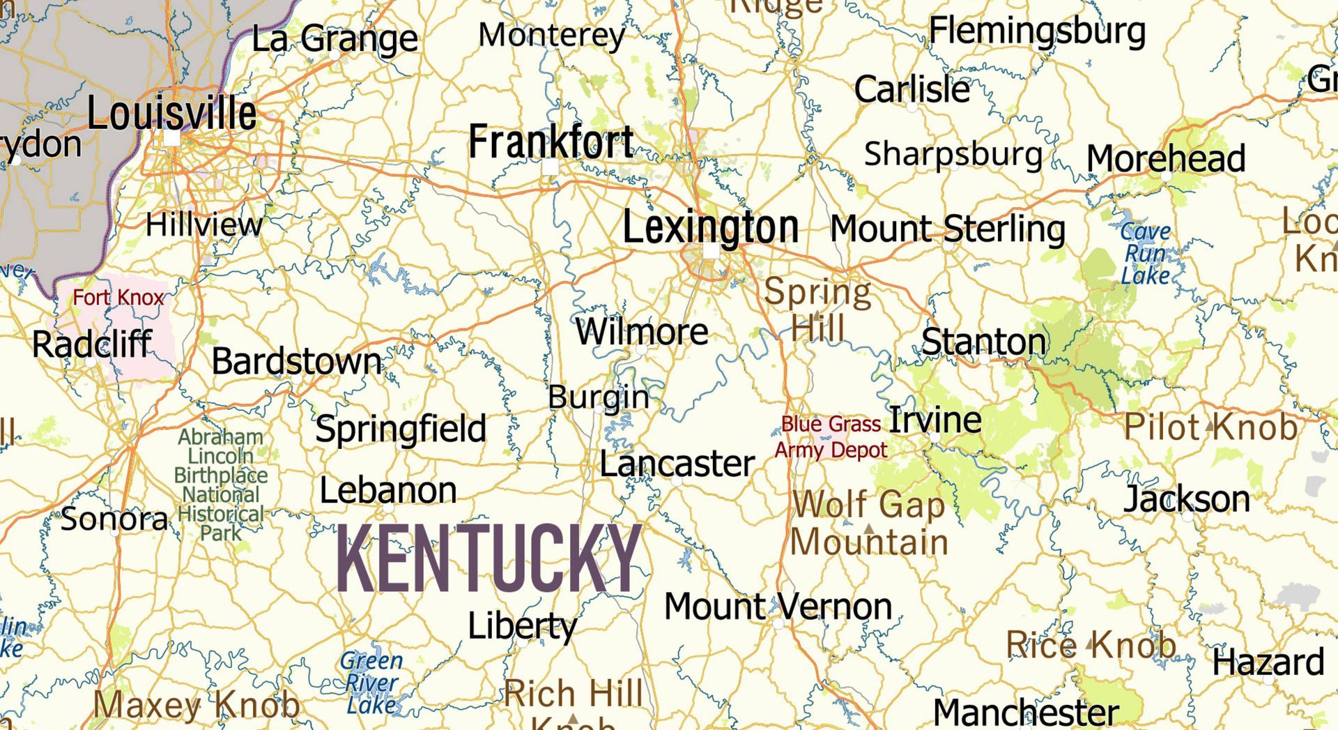 Close-up map of Central KY