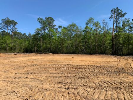 Cleared dirt lot beside a green wooded tree line under a blue sky