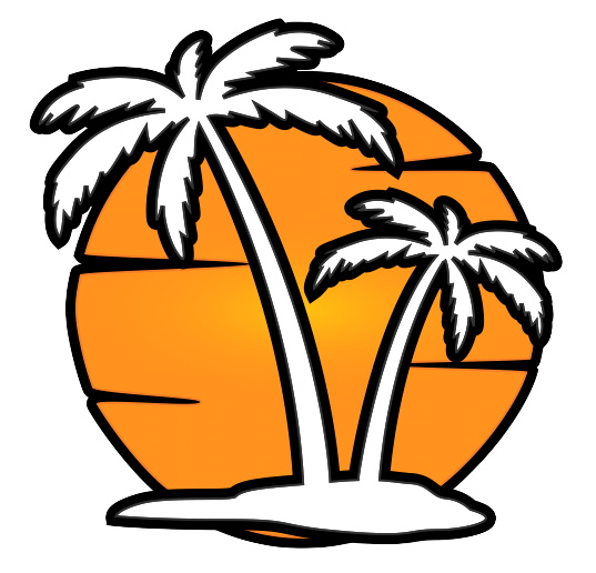 A basketball with two palm trees in front of it