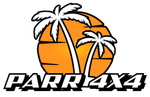 A logo for parr 4x4 with a basketball and palm trees